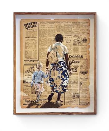 painting on historical newsprint of an African nanny with a white child