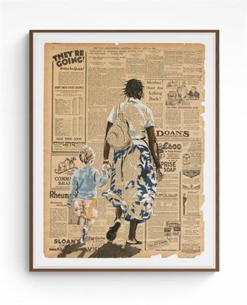 painting on historical newsprint of an African nanny with a white child