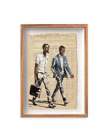 painting on sheet of newsprint of stock exchange prices depicting two men with briefcases walking