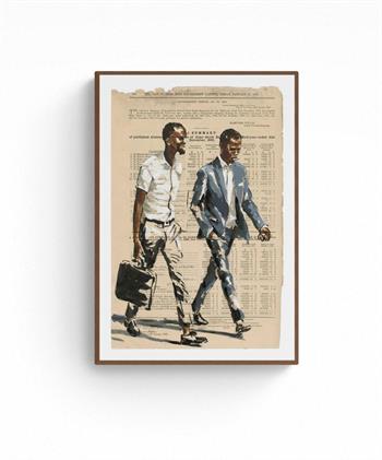 painting on sheet of newsprint of stock exchange prices depicting two men with briefcases walking