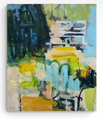 Abstract oil painting with layered turquoise, green, yellow, peach and dark blue brushwork, titled Backyard #3 by Tanja Truscott.