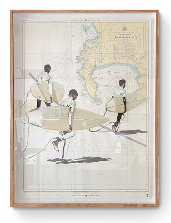 painting on vintage map of Western Cape of 3 young boys surfing