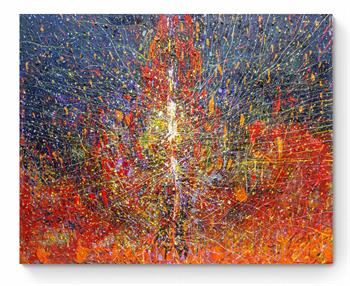 abstract painting in red and blue on canvas by James de Villiers