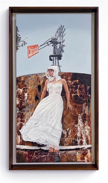 framed picture of a beautiful young woman wearing a bonnet and petticoat in the Karoo landscape