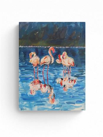 painting of flamingos against a blue, watery background