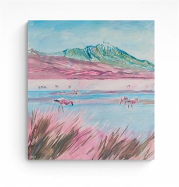 painting of flamingos with a mountain in the distance