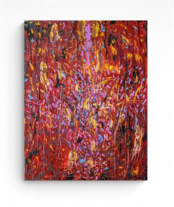 colourful abstract painting in shades of red, pink and mauve with splashes of blue and yellow