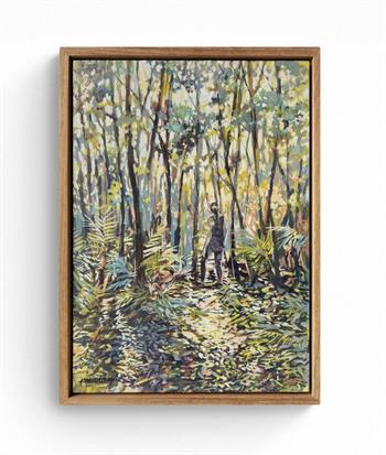 painting of a figure walking in a forest glade