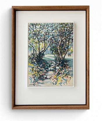 small framed painting of an avenue of trees seen on a nature trail