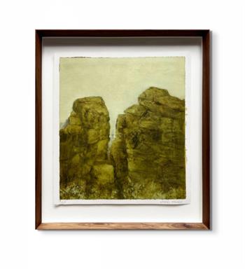 framed painting on canvas in shades of green of a rocky outcrop