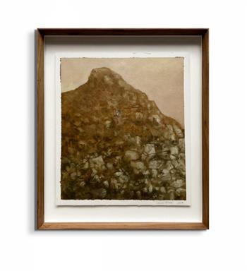 framed painting in shades of brown of a detailed section of a rocky mountain outcrop