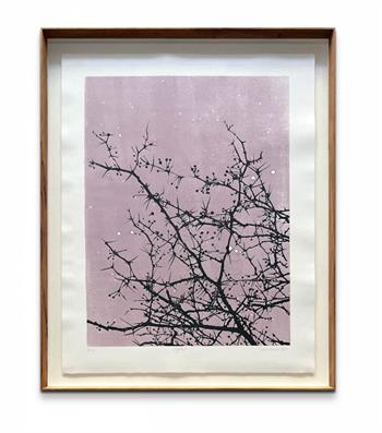 framed linocut print on paper of branches against a dusky pink sky