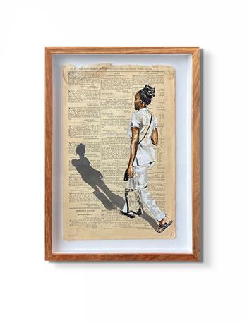 painting on vintage newsprint of a female healthcare worker wearing a white uniform