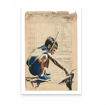 picture of a painting on newspater of a young boy fishing