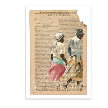 Print of an artwork on newspaper depicting two African people walking