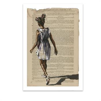 print of a painting on newspaper of an African girl with her hair in bubble pigtails