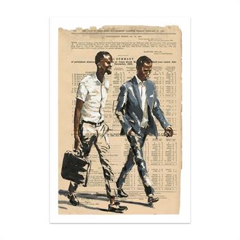 print of a painting on newspaper depicting two African men with briefcases