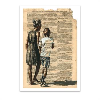 print of a painting on newspaper of two African children in conversation