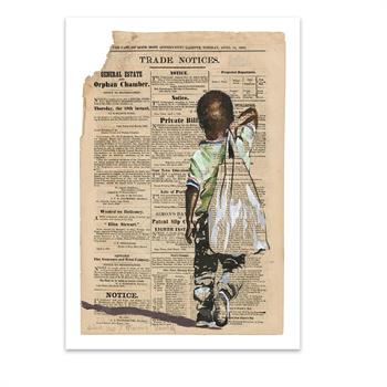 print of a painting on newspaper of a young African boy with a sack slung over his back