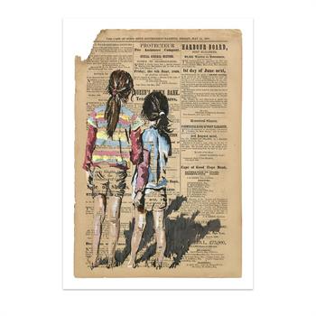 print of a painting on newspaper of two young girls in conversation