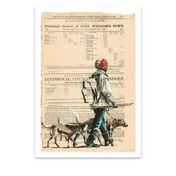 print of a painting on newspaper of a man walking two dogs