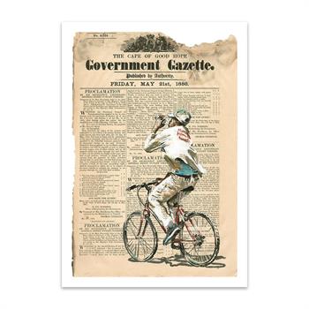 print of a painting on newspaper of a man riding a bicycle