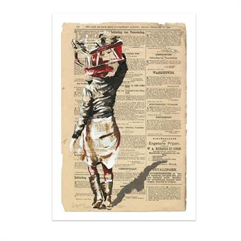 print of a painting on newspaper of a farmworker with a bag of produce on her head