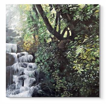 oil painting depicting a waterfall in a lush forest setting