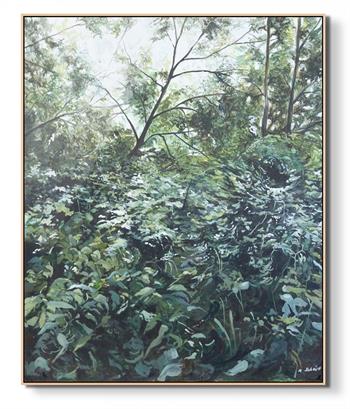 large framed oil painting despicting foliage in a forest