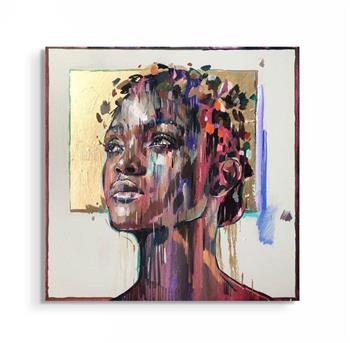 portrait painting of a beautiful African woman wearing a flower crown