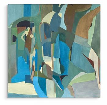 contemporary abstract figurative painting in shades of blue and green