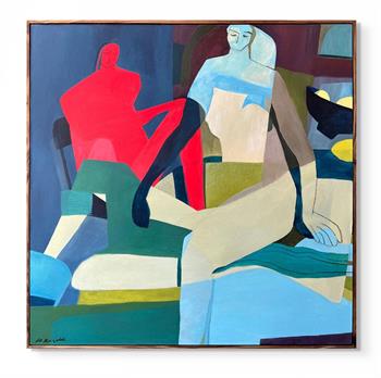 large abstract figurative painting in shades of red and blue inspired by Matisse