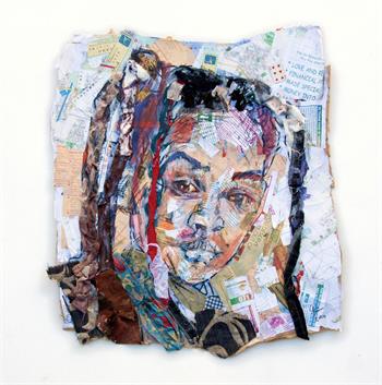 collage portrait artwork created from fabric and newspaper of a young girl with braids