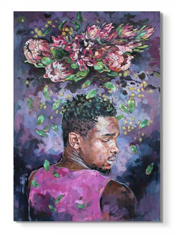 portrait painting of a beautiful black man with proteas