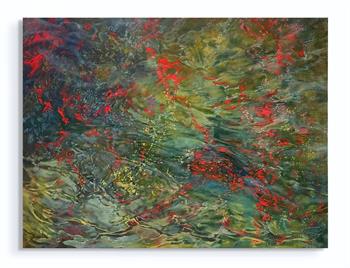 oil on canvas painting in shades of green and red inspired by the movement of sea water