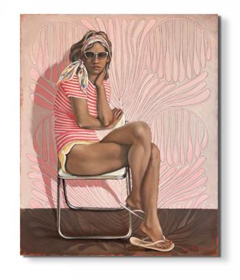 figurative painting of a young woman seated on a chair wearing sunglasses