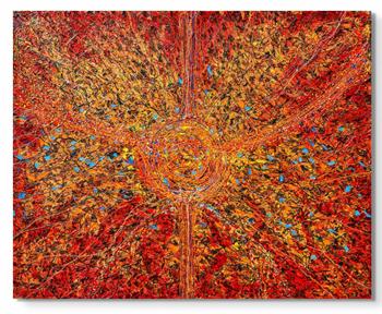 large painting in shades of orange and red inspired by the theory of particle physics