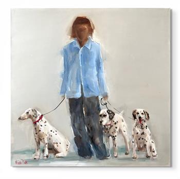 large oil painting depicting a woman in a blue shirt walking her dalmatian dogs