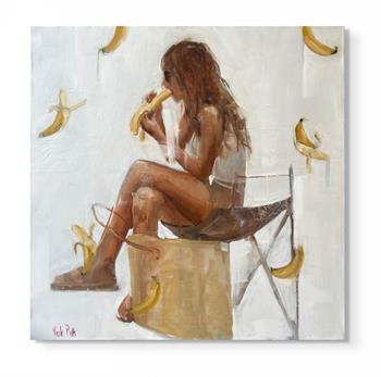 oil painting on canvas of a seated young woman eating a banana