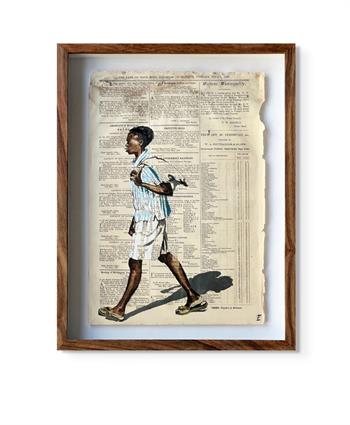 street art painting on historical newspaper of a young man walking