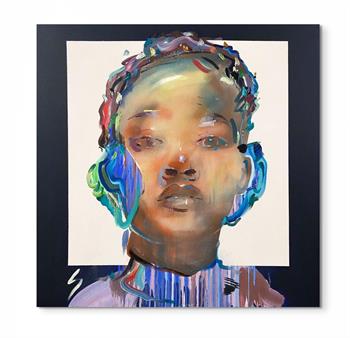 Portrait of a young woman rendered in expressive blue, turquoise, violet and peach against a geometric white and dark background.